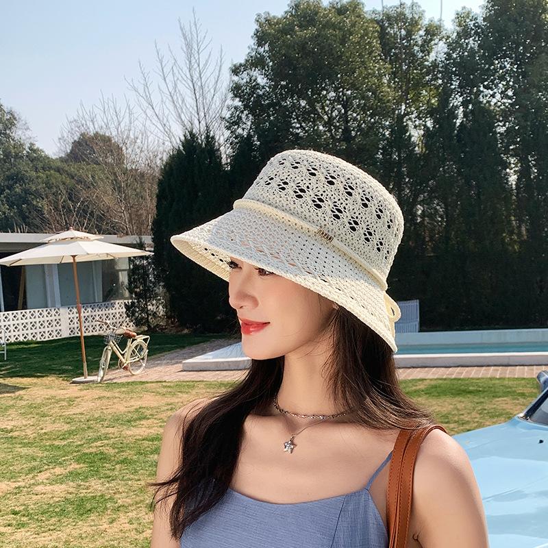 Temperament hollow solid color hat women's spring and summer knitted breathable bucket hat big brim showing small face versatile basin hat