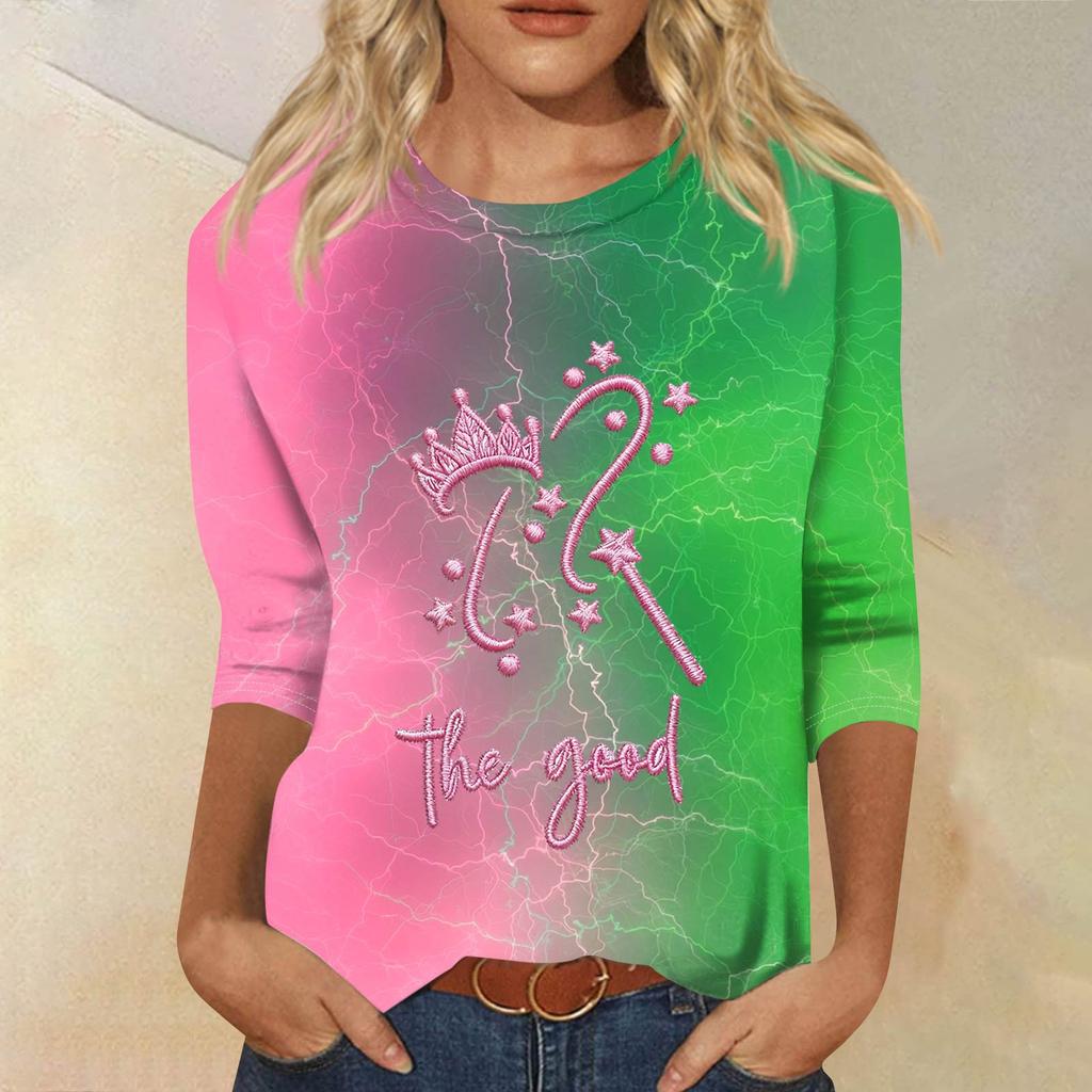 Damen Modisches Lässiges Dreiviertelarm Bedrucktes Rundhals-Top