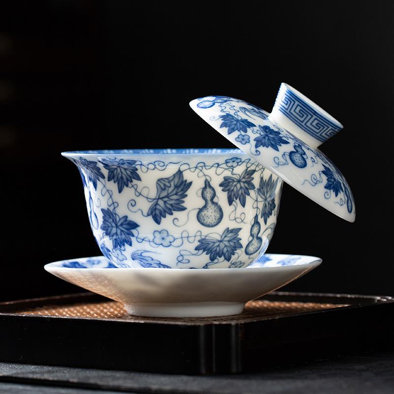 Jingdezhen Ercai Gaiwan Blue And White Porcelain Hand-Painted Fulu Picture Tea Bowl Single High-End Ceramic Glaze Kung Fu Tea Cup