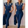 Elegant Women Two Piece Set Suits Fashion Printed Ruffle Sleeve Top Solid Color Pants Set with Belt Blouses Female Clothing