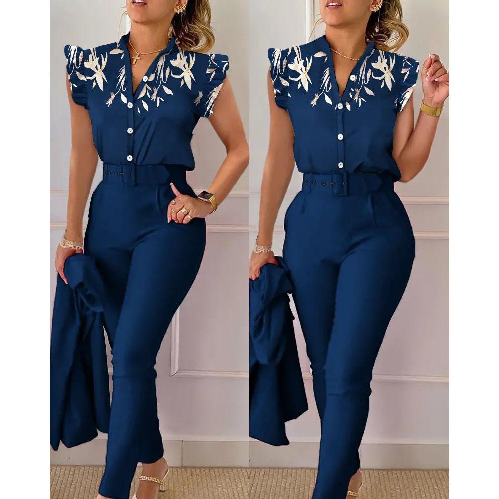 Elegant Women Two Piece Set Suits Fashion Printed Ruffle Sleeve Top Solid Color Pants Set with Belt Blouses Female Clothing