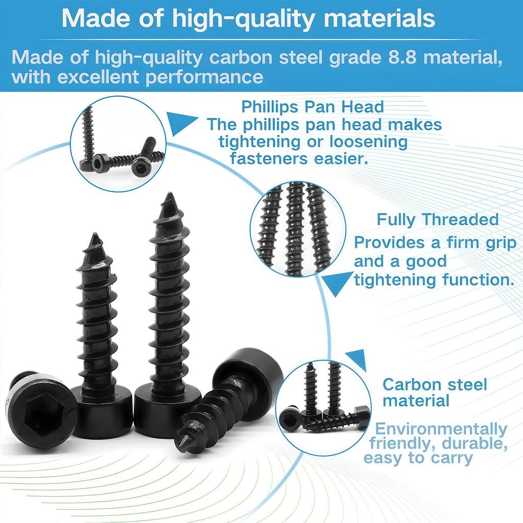 Zmbroll 220pcs M4 Hex Socket Head Cap Grade Black Carbon Hex Socket Sheet Metal Wood Screws with Wrench Self-Tapping Screws,