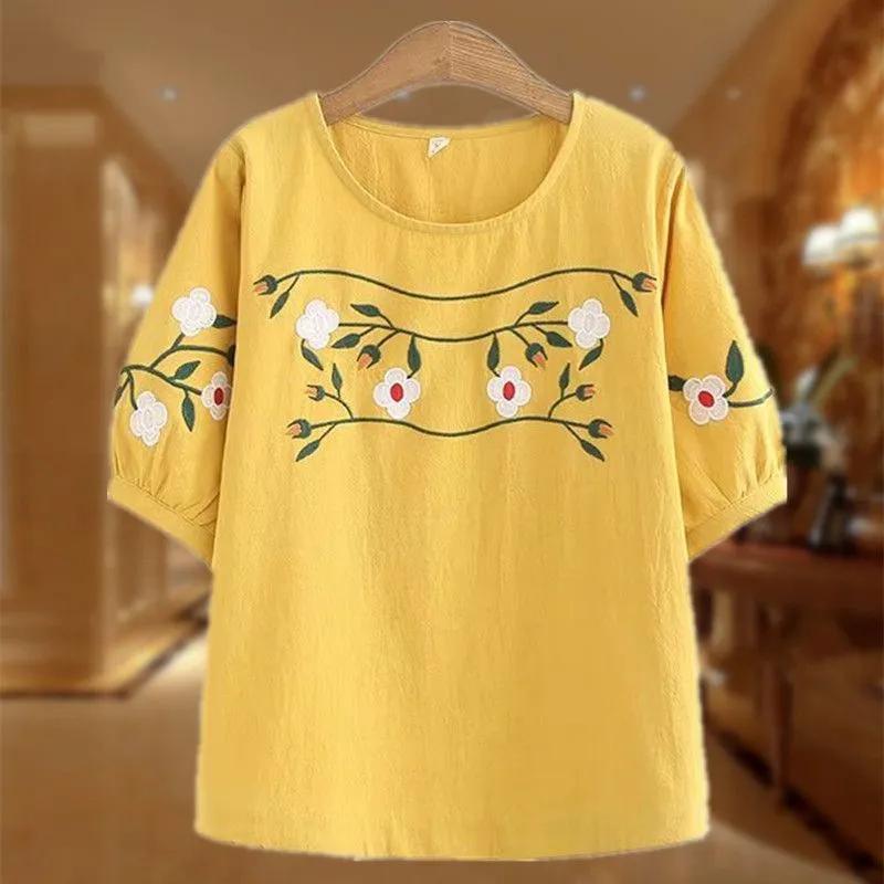 Literární a umělecké retro vyšívané tričko Dámské letní etnický styl Velká velikost Volný top