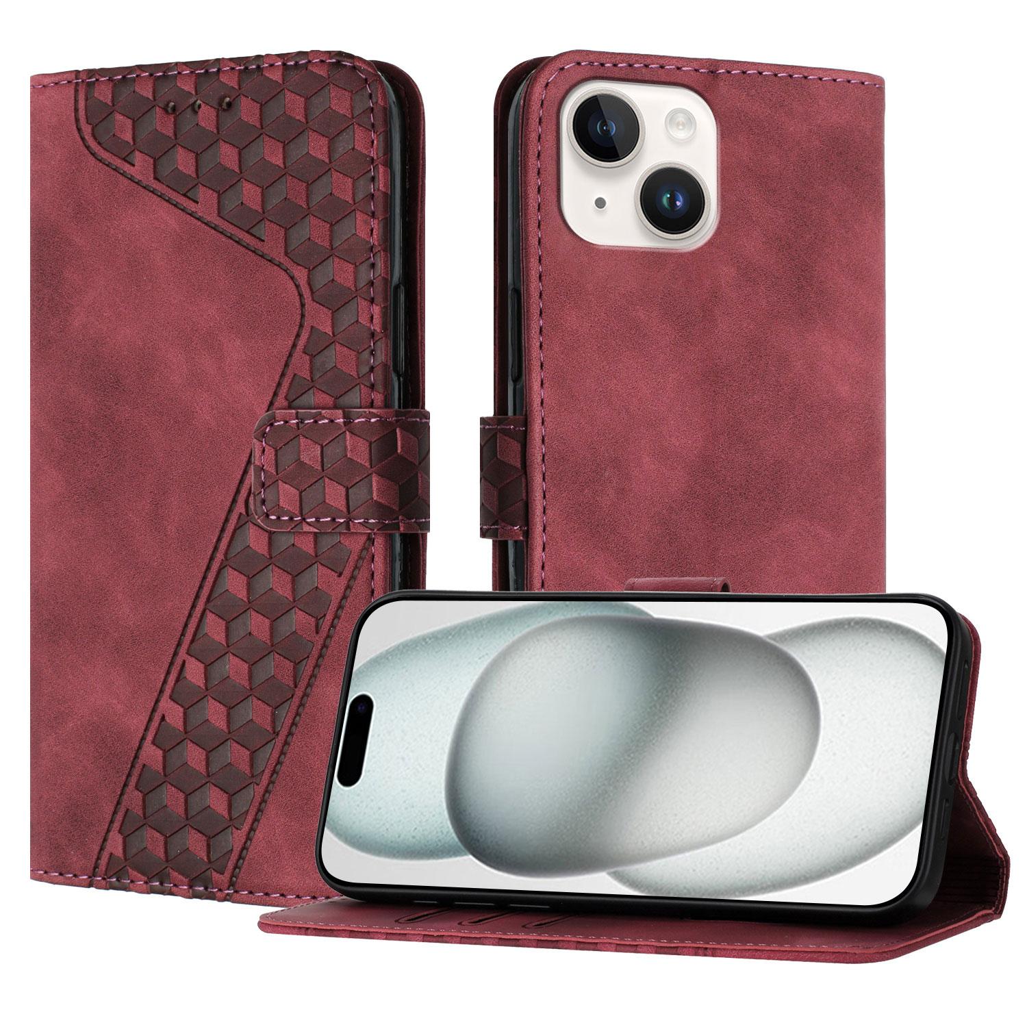 

For iPhone 15 Leather Case 7-Shaped Pattern Wallet Stand Shockproof Phone Cover Brown