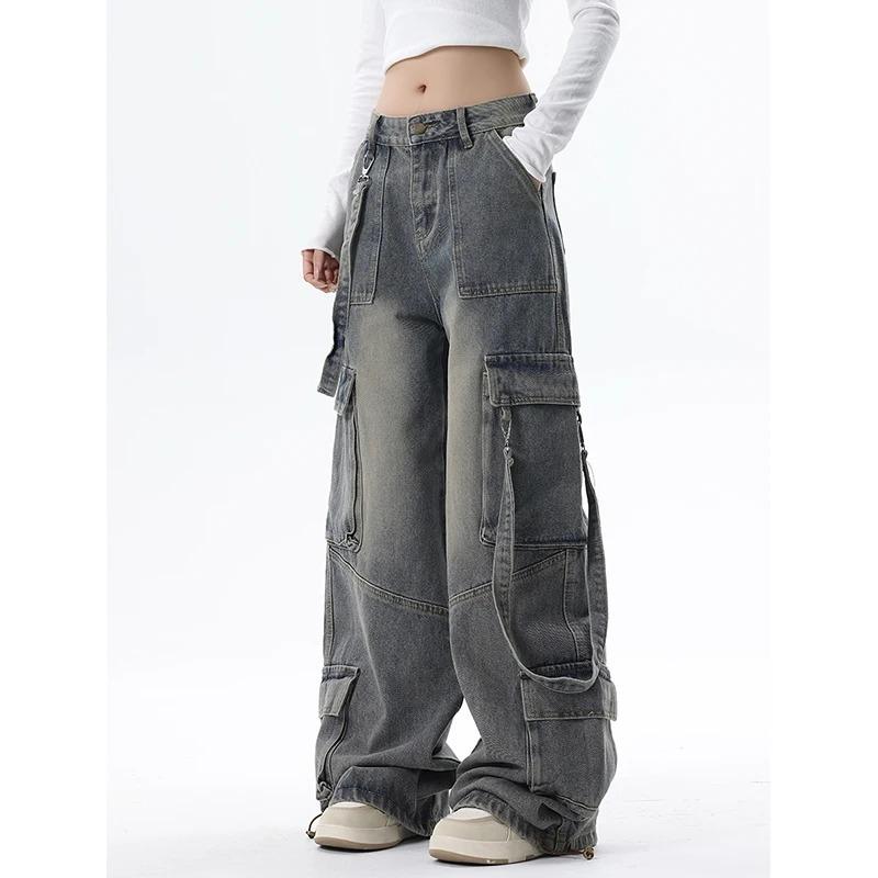 Damen Jeanshose mit weitem Bein und hoher Taille, Y2K-Stil, gerade Beinhose, Streetwear, für den Winter, Blau