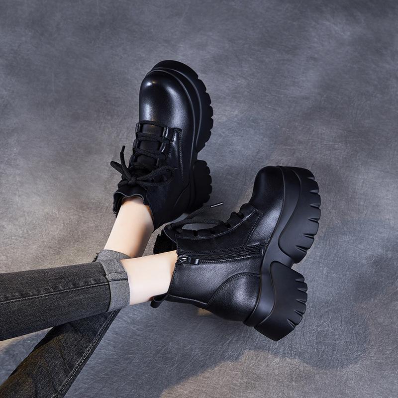 Høst og vinter nye kortstøvletter med tykk såle og innvendig høydeøkning, barnesko i smått skinn, damestørrelse, allsidige Martin-støvletter