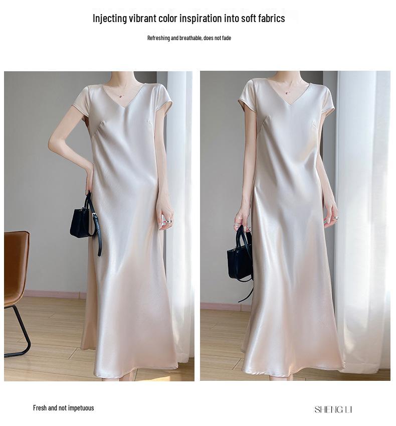 Elegante Vestito Estivo da Donna Dorato con Scollo a V in Raso e Maniche Corte