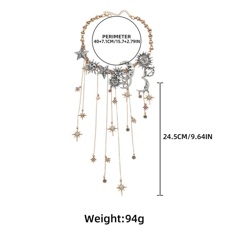 Exaggerated Multi-Layered Tassel Pendant Necklace With Moon Star Sun And Full Diamond Design For Women In Boho Style