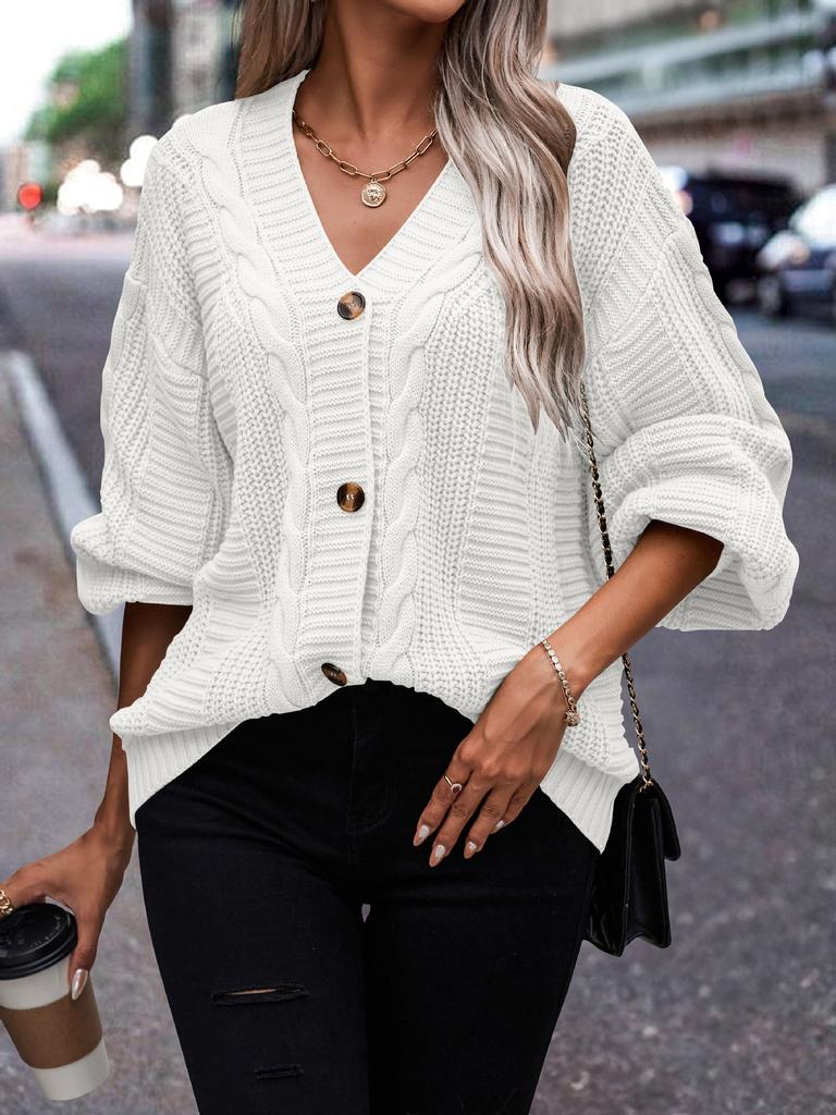 Europe beautiful women knitted cardigan autumn new loose V-neck sexy sweater lantern sleeve jacket