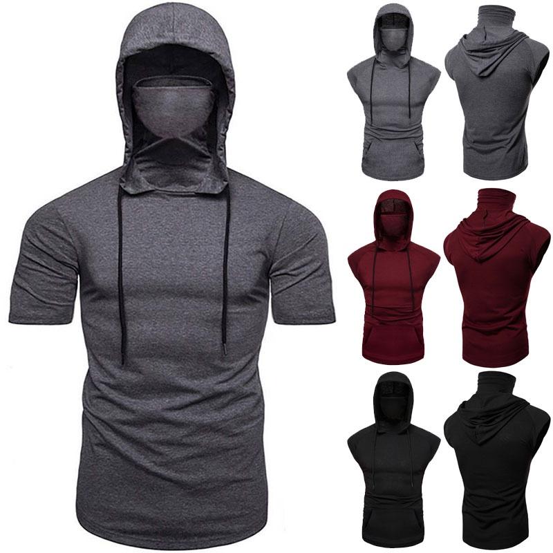 T-shirt con cappuccio da uomo alla moda, maglia a maniche lunghe, canotta con maschera protettiva per abbigliamento sportivo