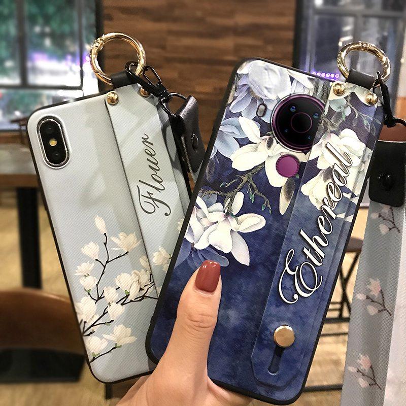 Back Cover Anti-dust Phone Case For Nokia 5.4 Wrist Strap Anti-knock Kickstand Shockproof Wristband Flower Phone Holder