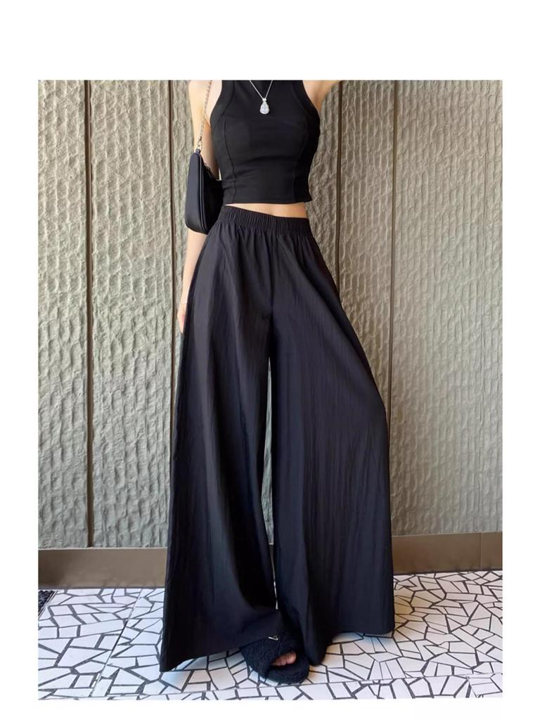Women's Black High Waist Ice Silk Wide-Leg Skirt Pants