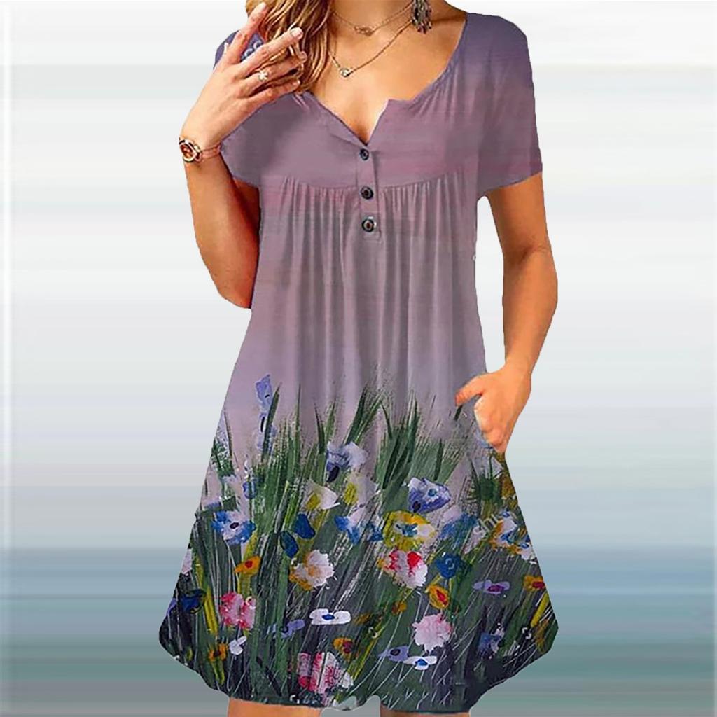 Ladies Casual Round Neck Button Ruched Trim Printed High Waist Loose Dress