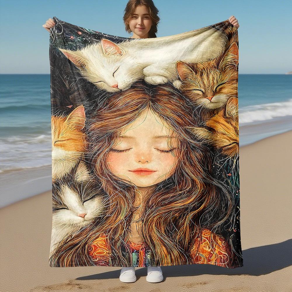 1pc Girl Cats Outdoor Flannel Blanket Soft Warm All-Season Throw for Sofa Bed Car Camping Office, Cozy Gift Idea1145S