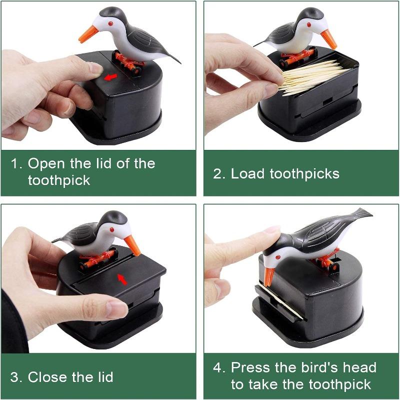 Automatic Toothpick Dispenser Bird Design Push Button Canister Organizer Desktop Storage Box and Toothpicksfor Home Office