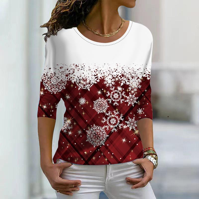 Women Autumn Tops Christmas Snowman Print Causal Long Sleeve T-shirt Top Blouse