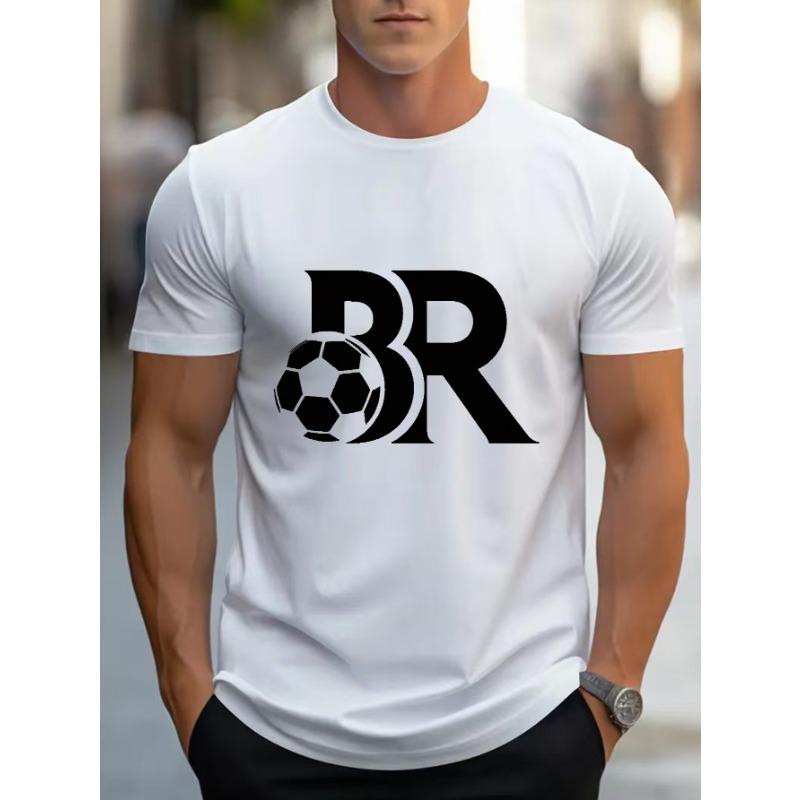 

European sizes Soccer Pattern Print T-Shirt - Slightly Stretchy, Regular Fit Casual Sports Shirt, Lightweight Design 4XL білий