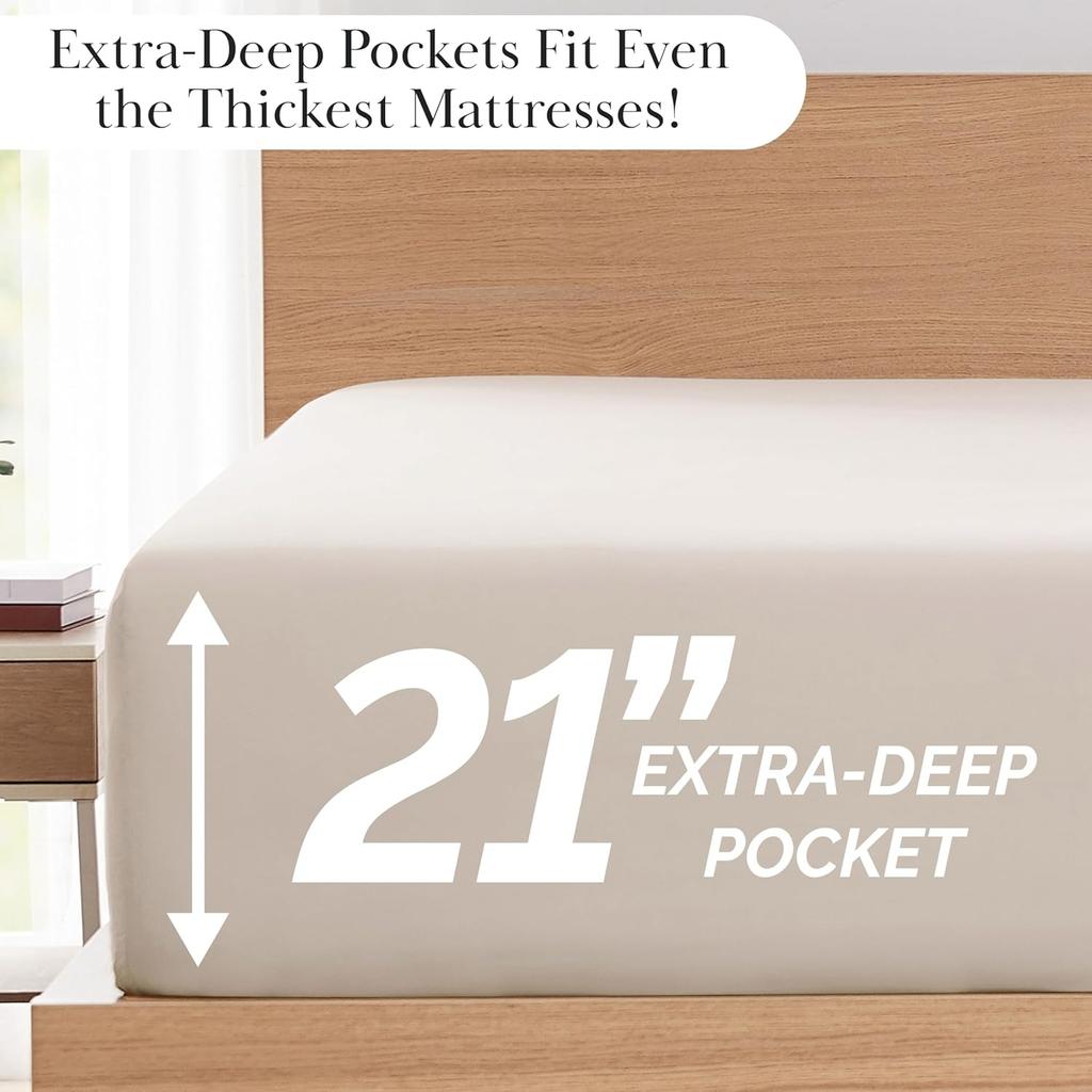 6-Piece Extra Deep Pocket King Sheets Set, Hotel Collection King Size Bed Sheets with 21" Deep Pocket Fitted Sheet, Bone