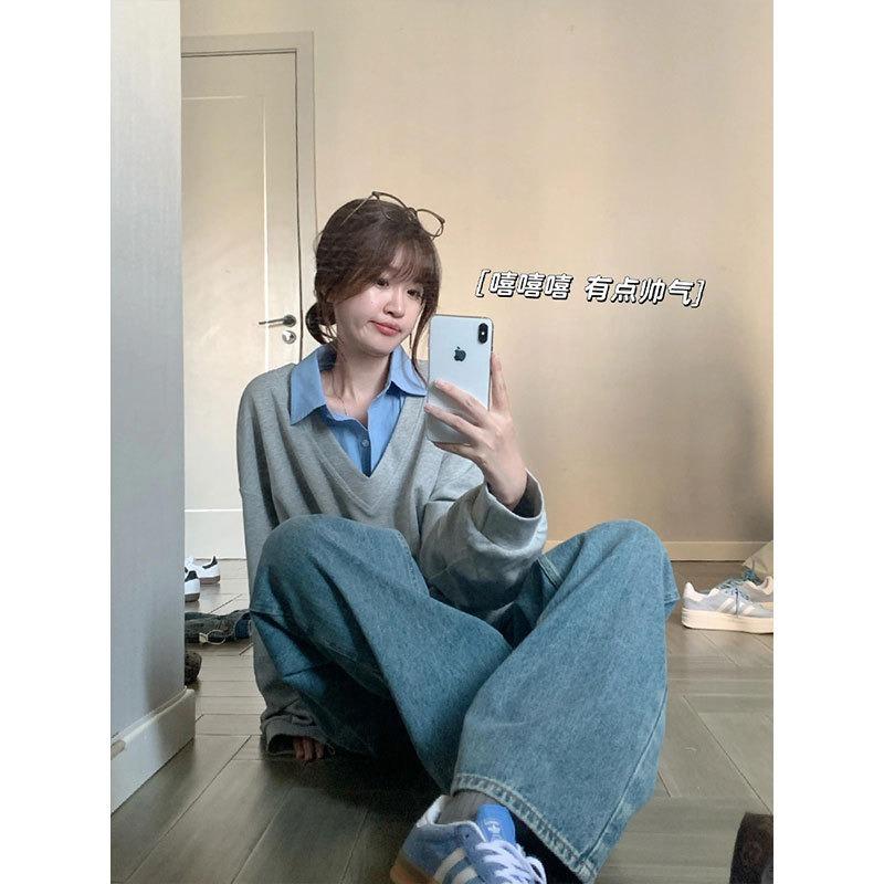 Lazy Contrasting Color Fake Two Pieces Retro Gray Sweater Women's Autumn Loose Design Niche Lo Shirt Top