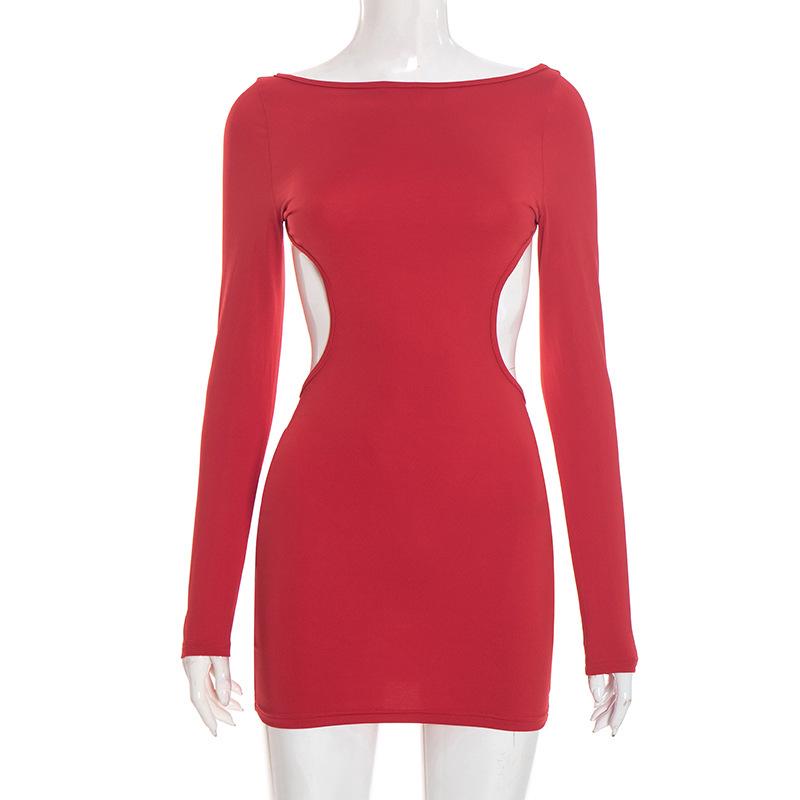 European & American Women's Autumn/Winter Solid Color Cutout Bowknot Slim Fit Long Sleeve Dress