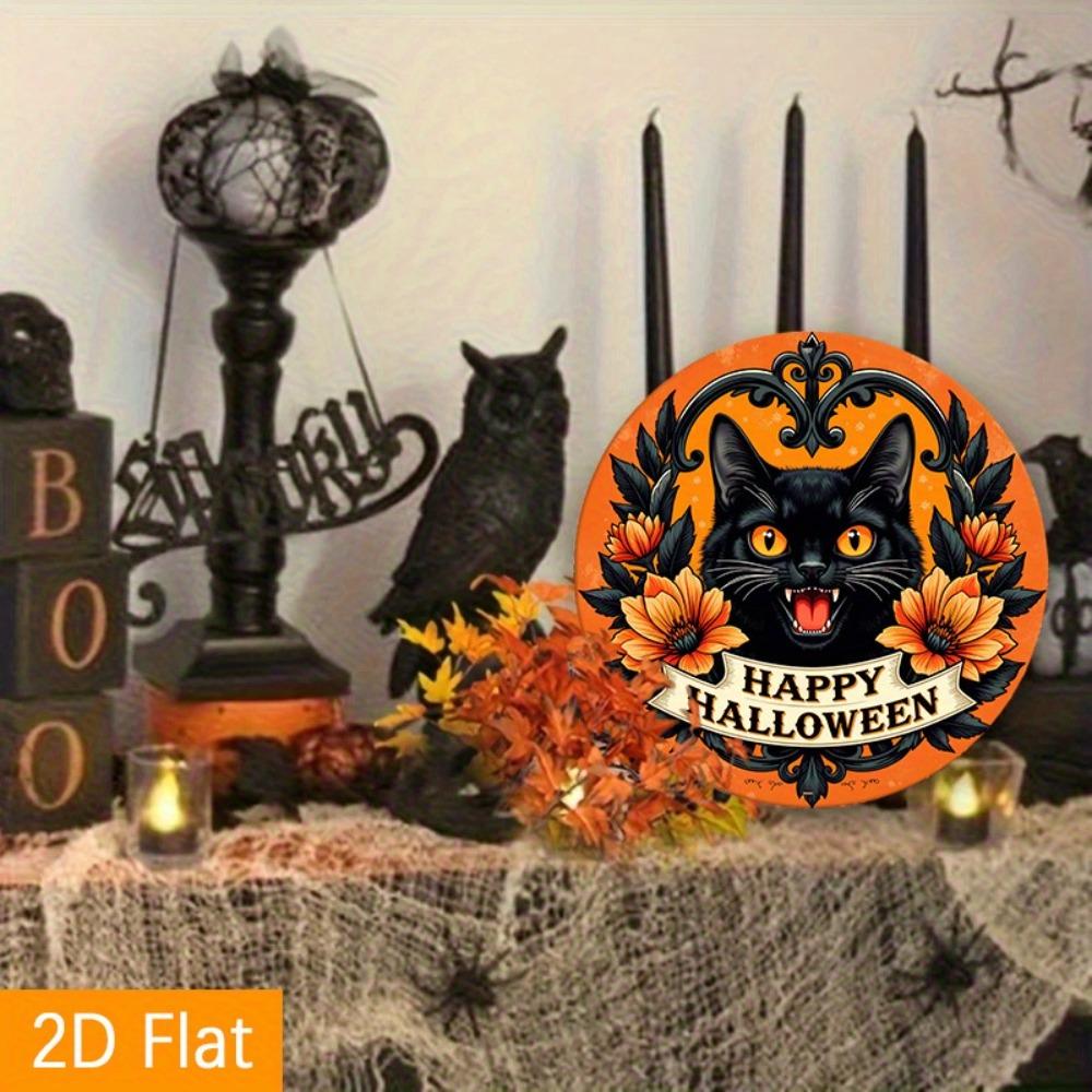 Mfoever Tin Sign Vintage Happy Halloween Black Cat Metal Tin Sign Retro Spooky Floral Round Wall Art Decor Classic Gothic Holiday Cat Tin Paint 20x20cm