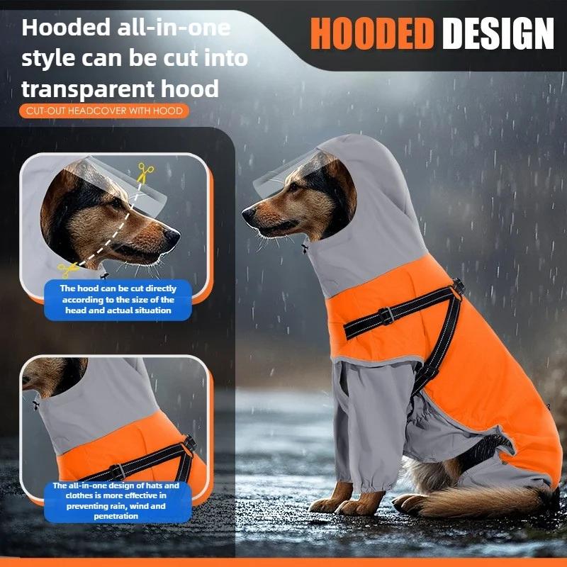 Reflective Waterproof Dog Raincoat with Hood Transparent Mask Full Coverage Pet Raincoat, Medium Large Dogs, with Traction Hole