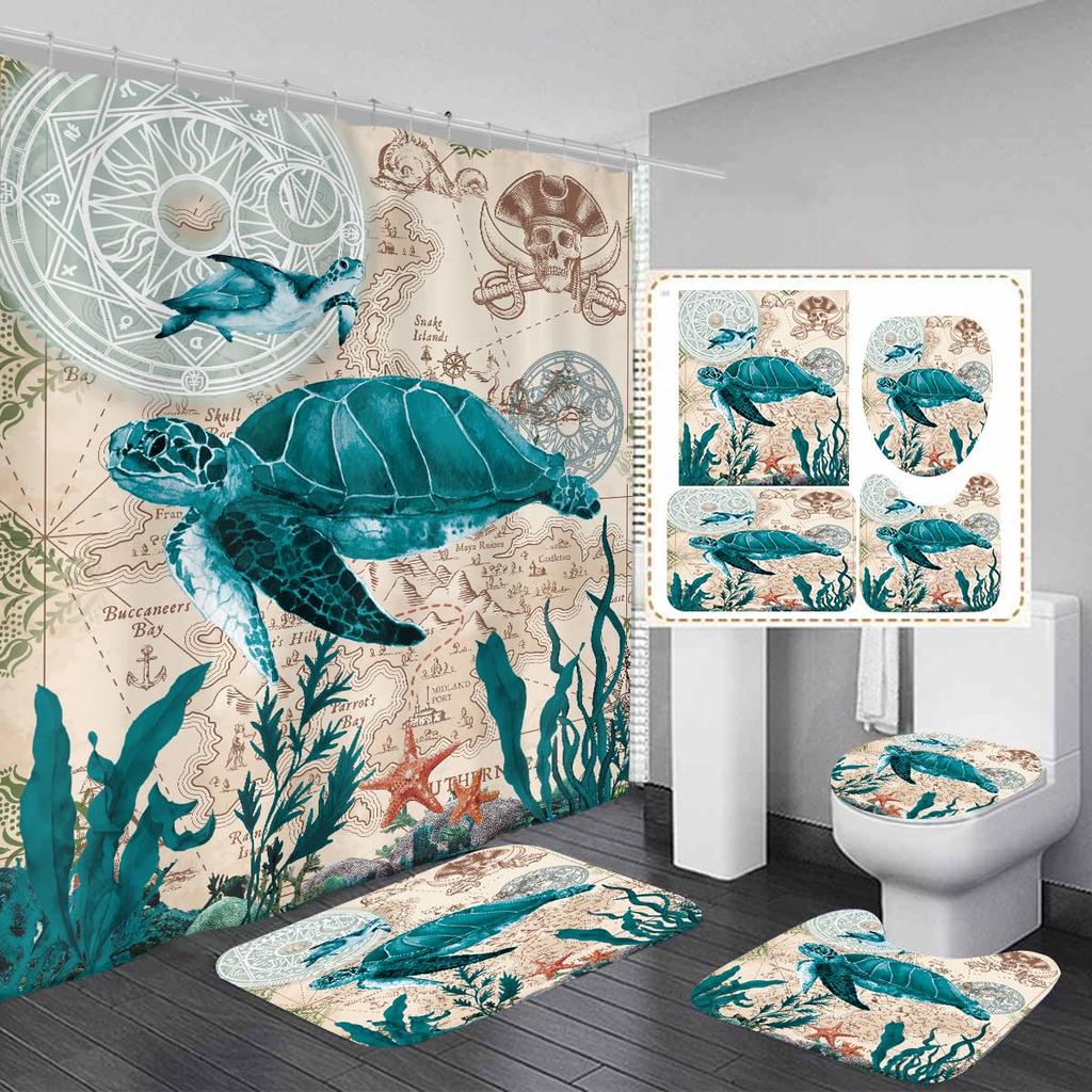 Sea Turtle Shower Curtain Set Non-Slip Rugs Toilet Lid Cover Bath Mat Nautical Ocean Bathroom Curtains Set Durable Waterproof