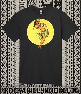 Retro Tiki Art Tee T Shirt Restaurant Bar Hula Girl Mid Century Hawaiian Dancer