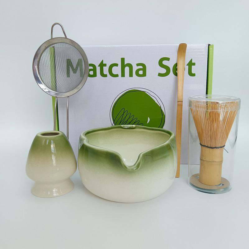 Japanese Ceramic Matcha Tool Set: Spout Bowl & Hundred-Bristle Whisk for Tea Ceremony