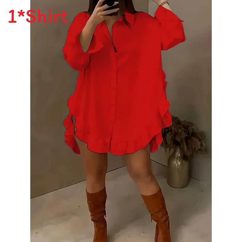 Pure Color Loose Fit Shirt With Ruffle Hem And Long Sleeves For Summer Casual Wear