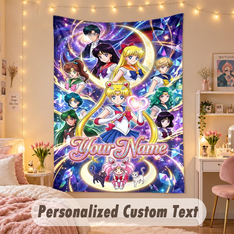 Custom Personalized Tapestry,Sailor Moon Print Custom Name Text Wall Art Hanging for Bedroom