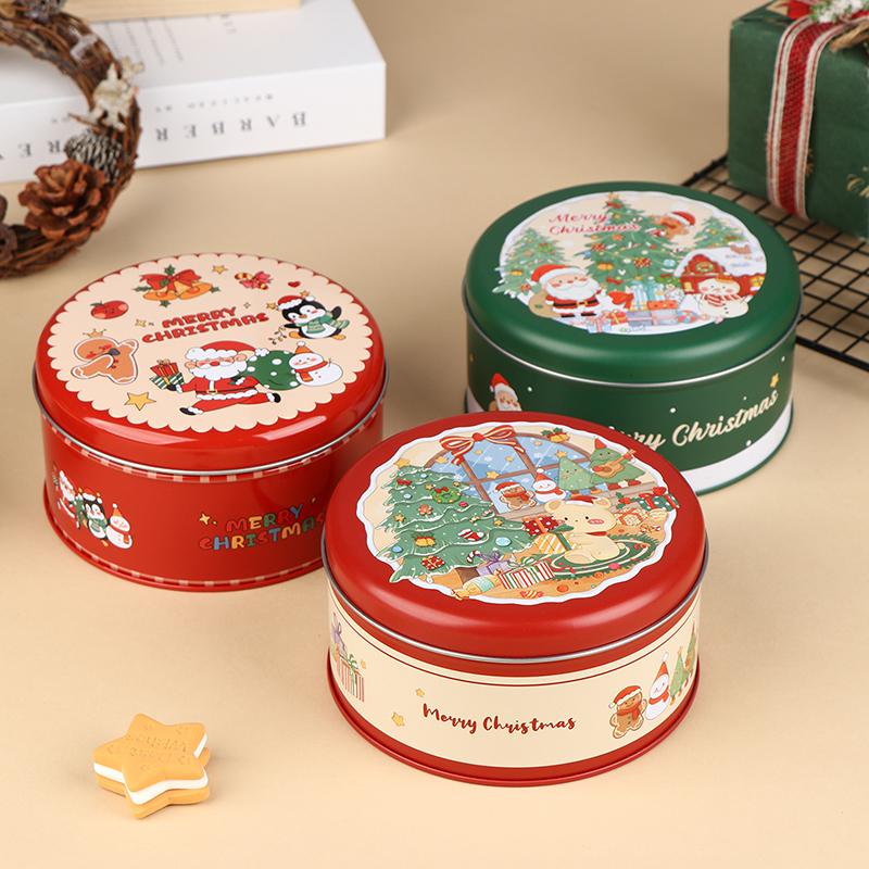 Round Christmas Tinplate Candy Box Metal Santa Claus Biscuit Packaging Can Empty Gift Packaging Box Sugar Packing Box