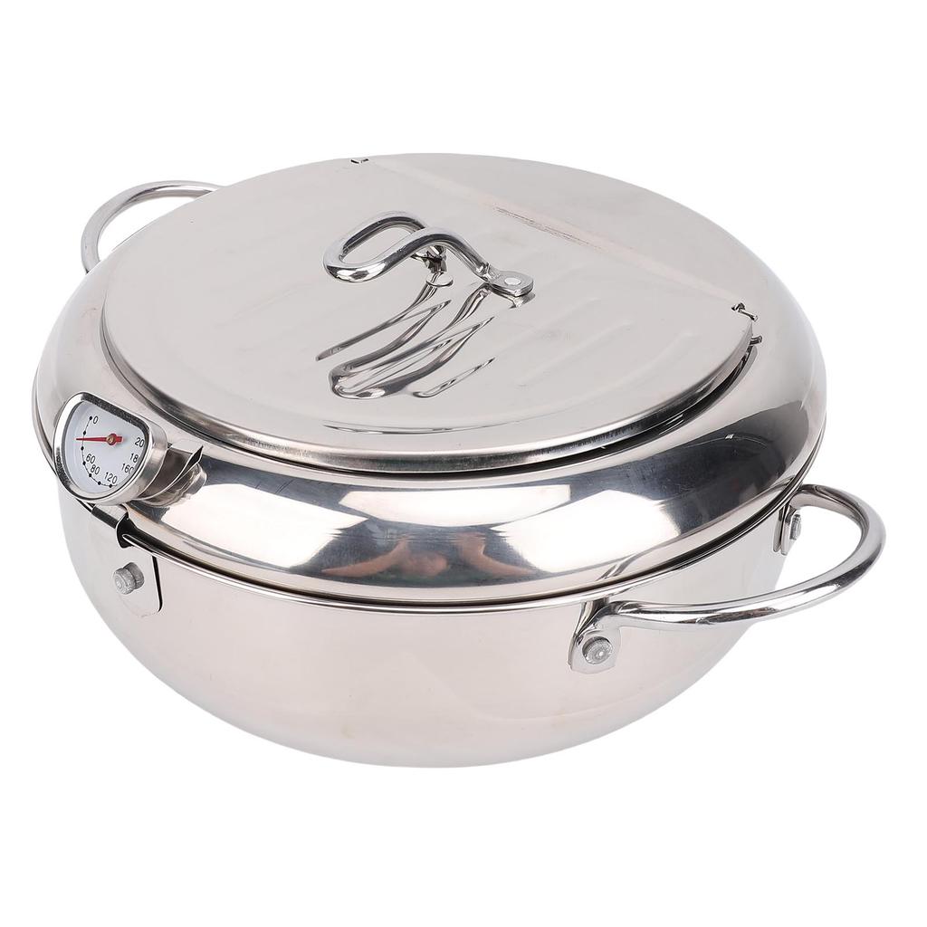 Frying Pot 3.2L Double Ear 201 Stainless Steel Deep Fryer Pot with Oil Drip Drainer Rack Thermometer for Tempura