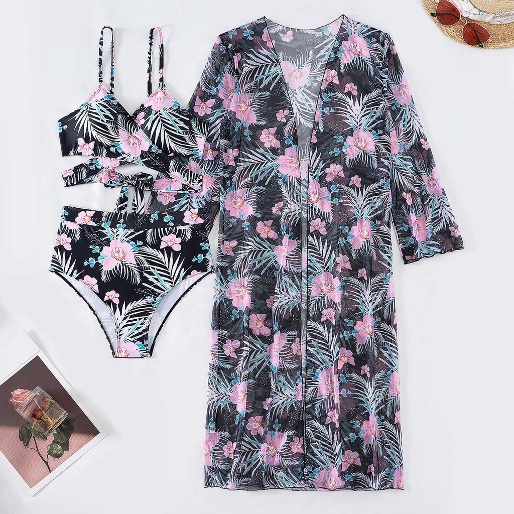 Damen-Badeanzug-Set mit sexy Split-Print und langem Rock (3 Sätze)