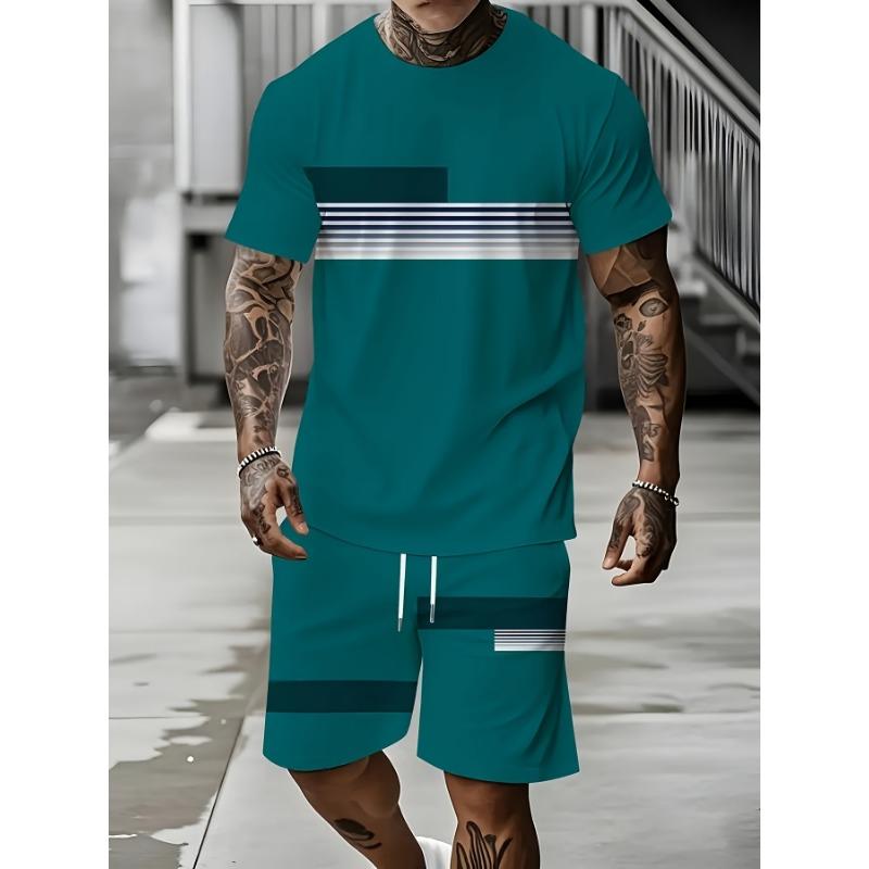 2026 New Summer Men's Patchwork Print Short-Sleeve Shirt and Shorts Set
