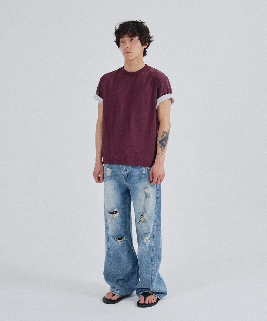 SLOWACID Sa Refined Flip-Cuff Semi-Crop Tee [Dark Plum]
