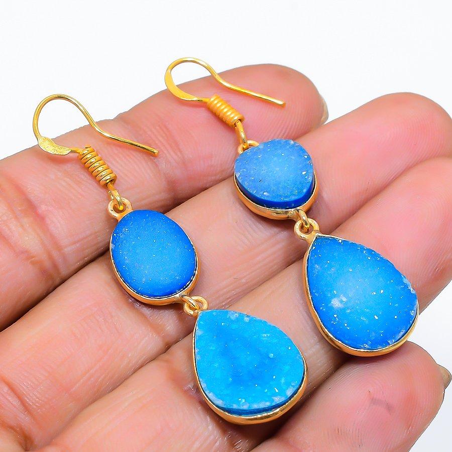 

Blue Druzy Gemstone Handmade 925 Sterling Silver Jewelry Earring 1.97 GK-3604