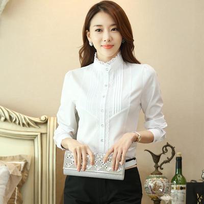 2020 Spring & Autumn Lace Korean Style Women's Long Sleeve White Slim Chiffon Stand Collar Shirt