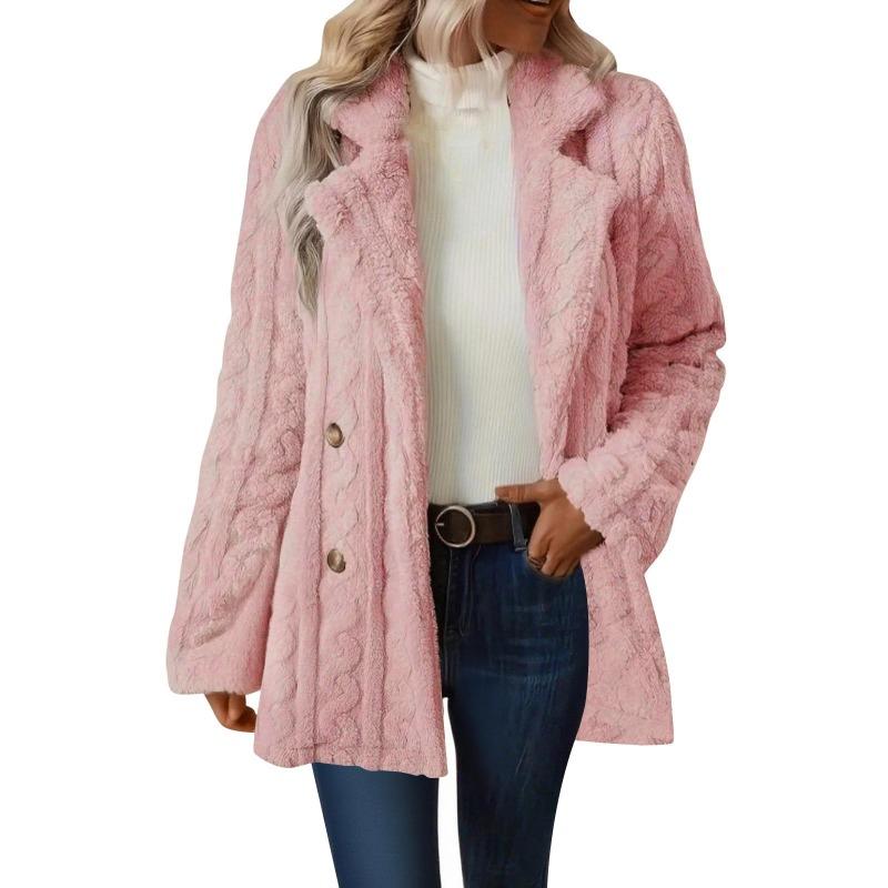 Women S Plush Double Breasted Mid Length Coat Notched Lapel Casual Warm Outerwear