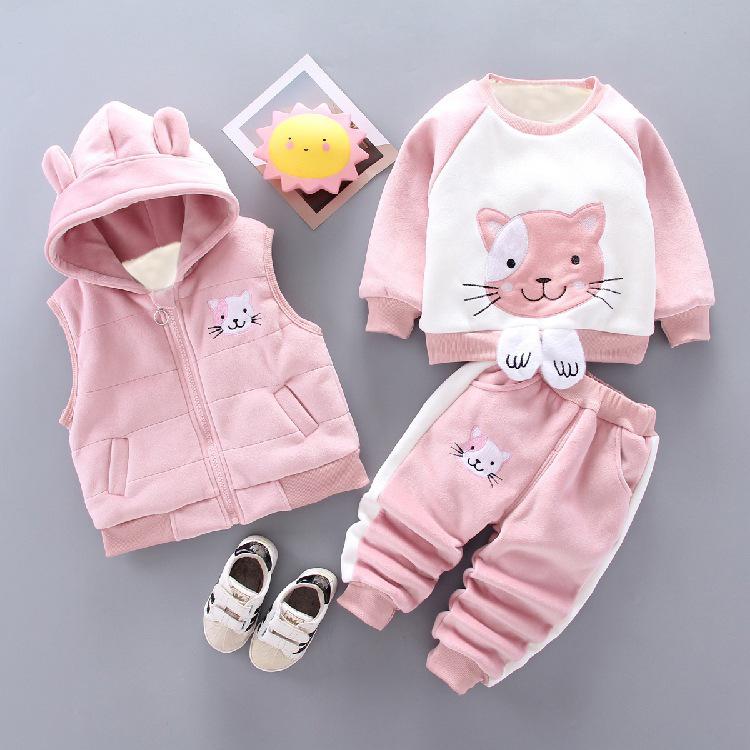 Autumn Winter Baby Boys Clothes Sets Thick Fleece Cartoon Bear Jacket Vest Pants 3Pcs Cotton Sport Suit For Girls Warm Outfits
