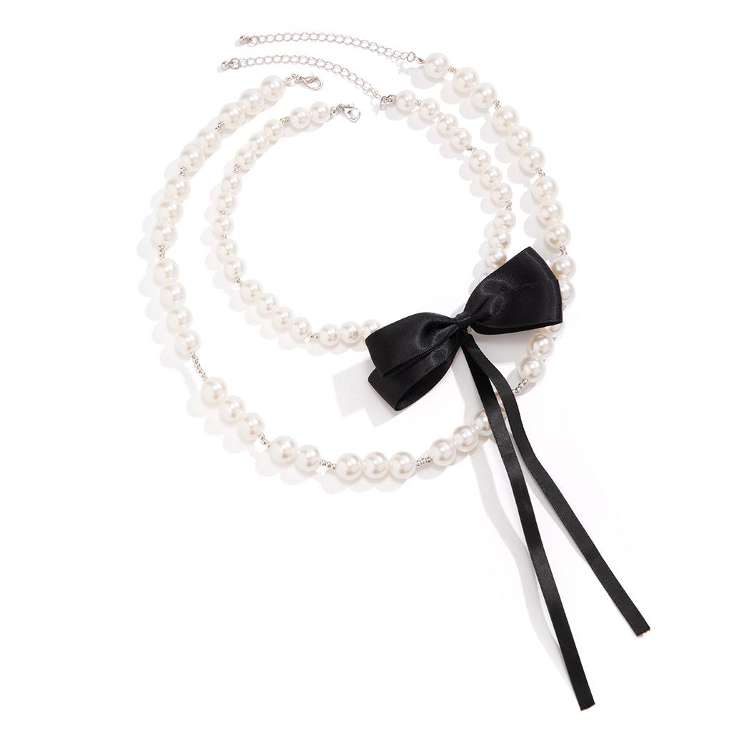 IngeSight.Z 2pcs/set Elegant Imitation Pearl Beaded Necklace for Women Gothic Black Large Bow Choker Necklace Party Gift