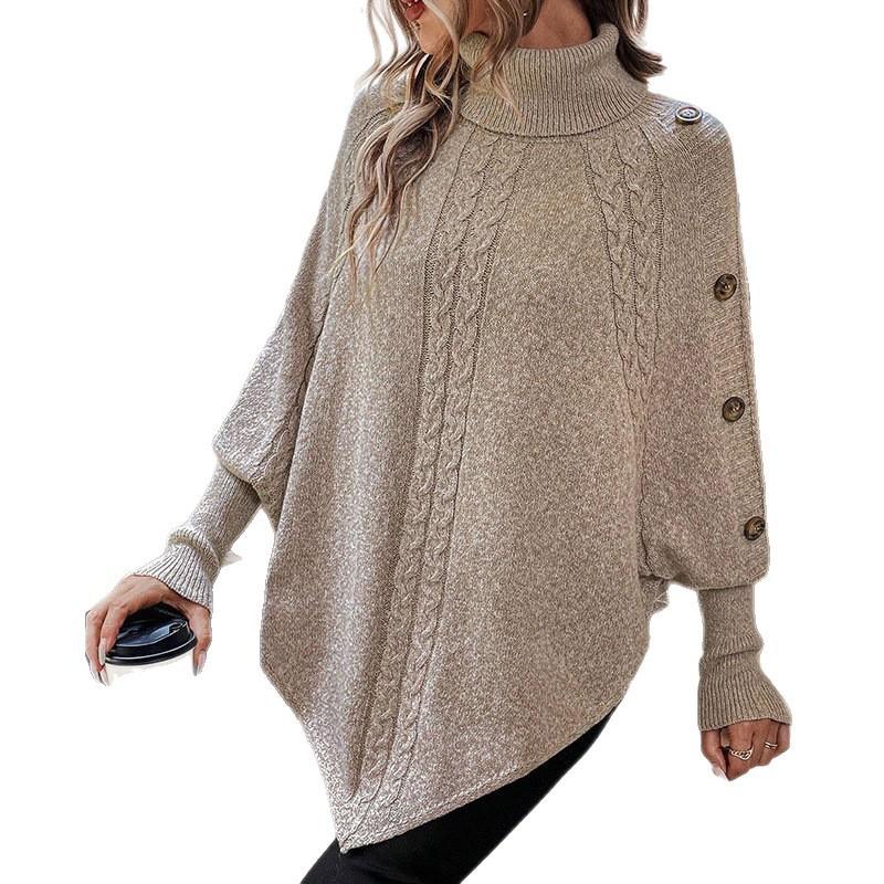 Womens Winter Knit Cape Top With Turn-Down Collar Batwing Sleeve Cable Sweater
