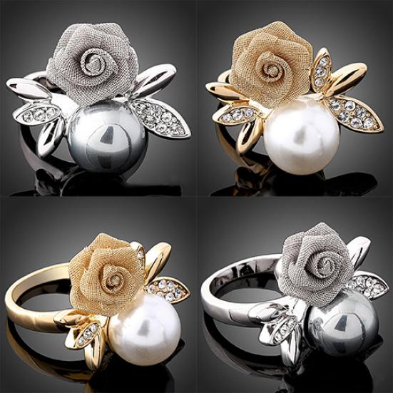 Women's Fashion Rose Faux Pearl Clear Crystal 9K Gold Plated Ring Party Jewelry