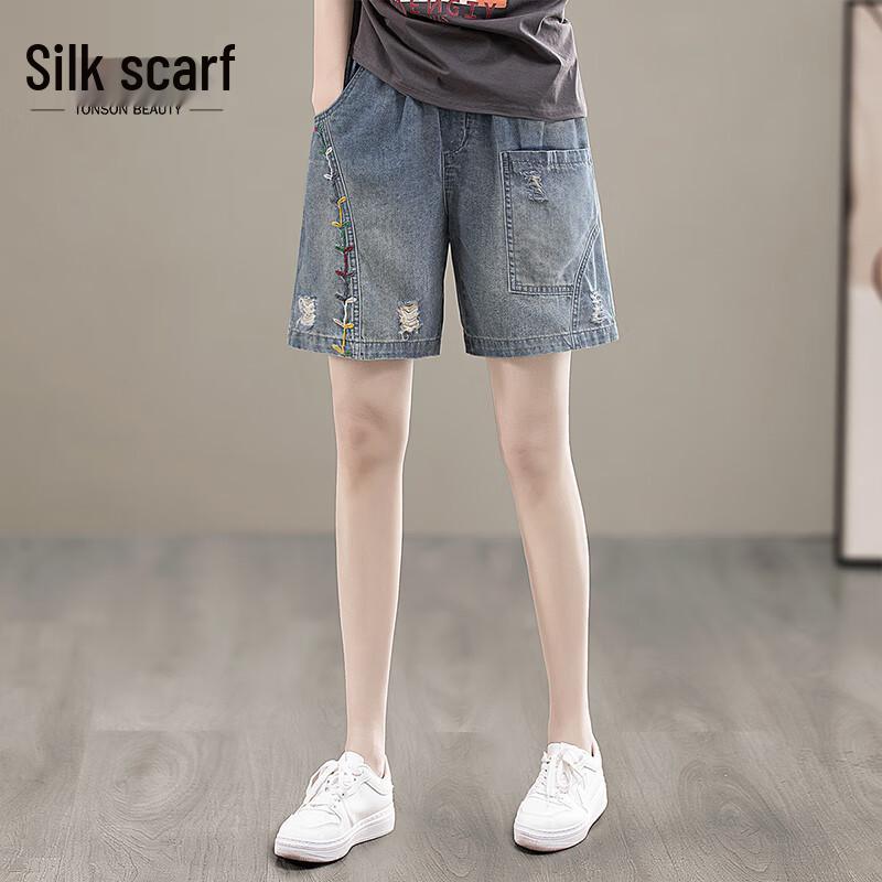 Sibaishi Women s High-Waisted Ripped Embroidered Denim Shorts M
