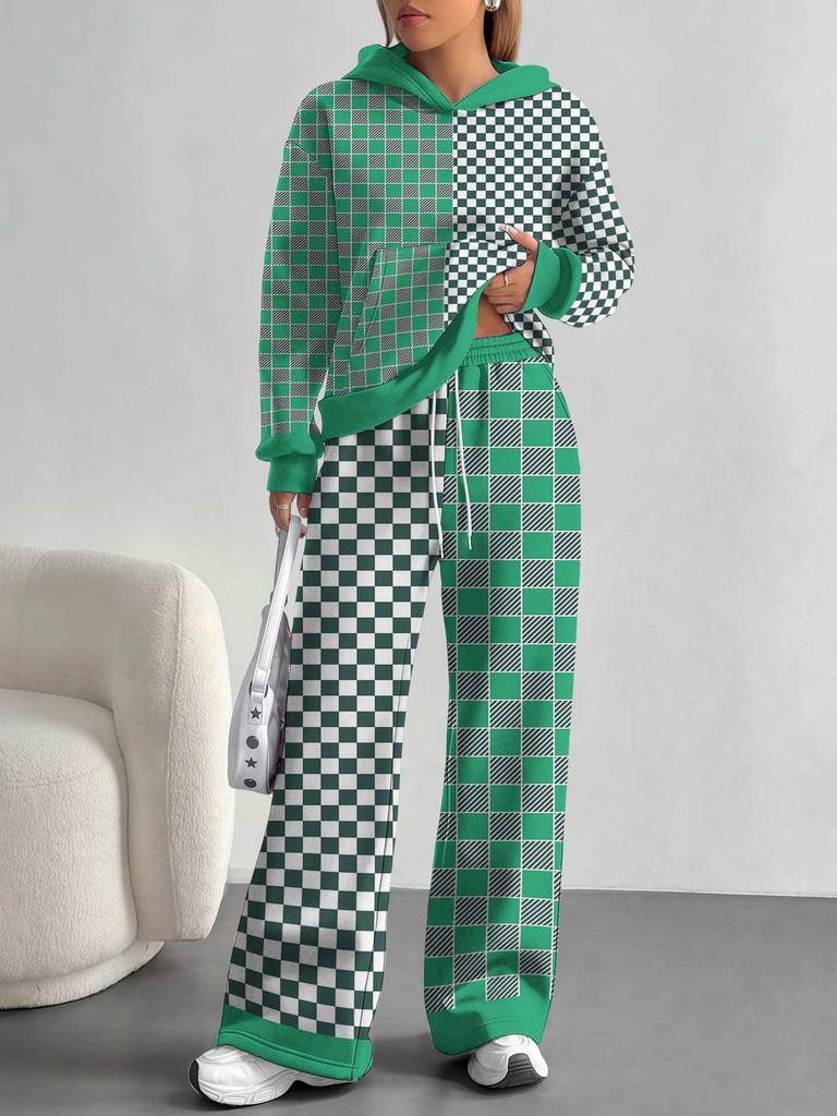 Square Splicing European, American Autumn and Winter Casual Long-sleeved Suit Women's Hooded Sweater Trousers Two-piece Set
