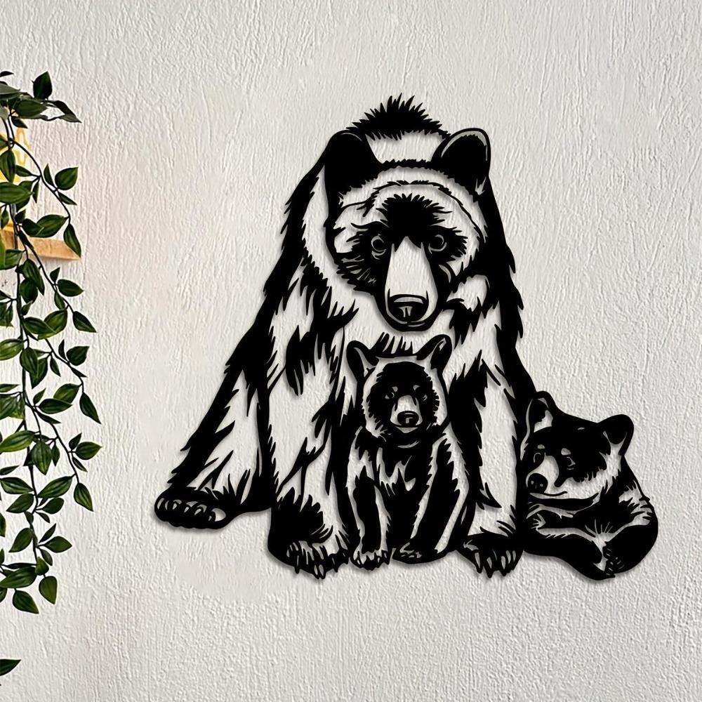 Metal Wall Sculpture Art Deco Black Bear and Cubs Wildlife Home Decor Gift