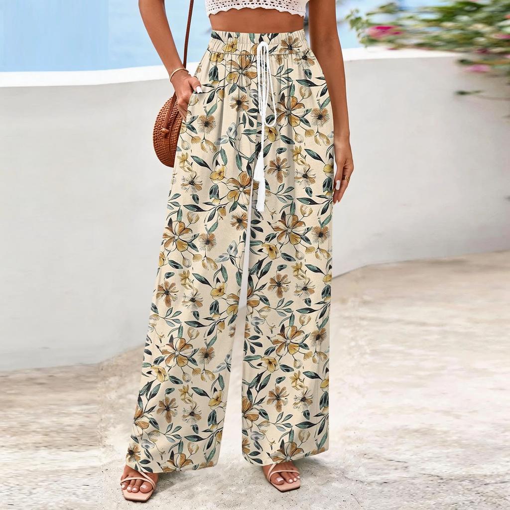 Calças Femininas Casuais de Perna Larga com Estampa Floral Fluida