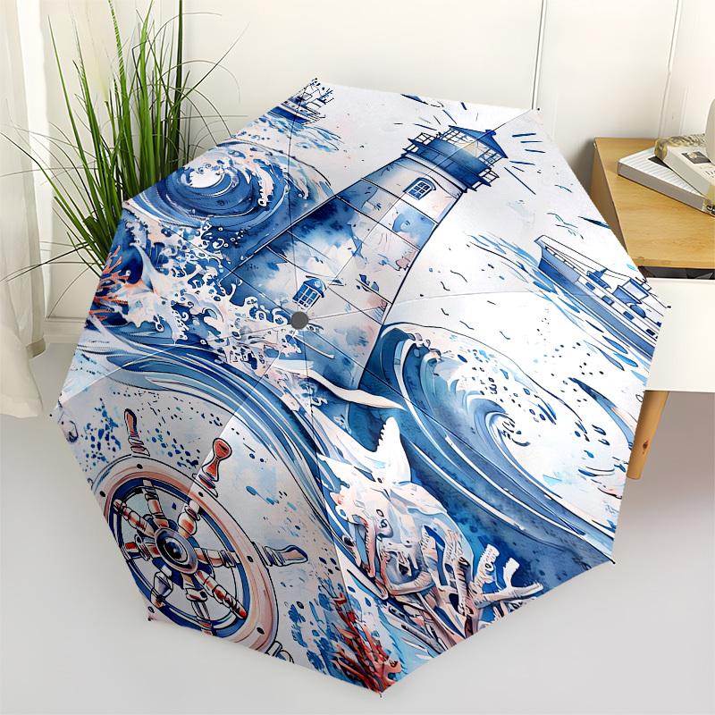 1pc Ocean Lighthouse Navigation Umbrella with Plastic Handle, Suitable for All Seasons Outdoor PT422