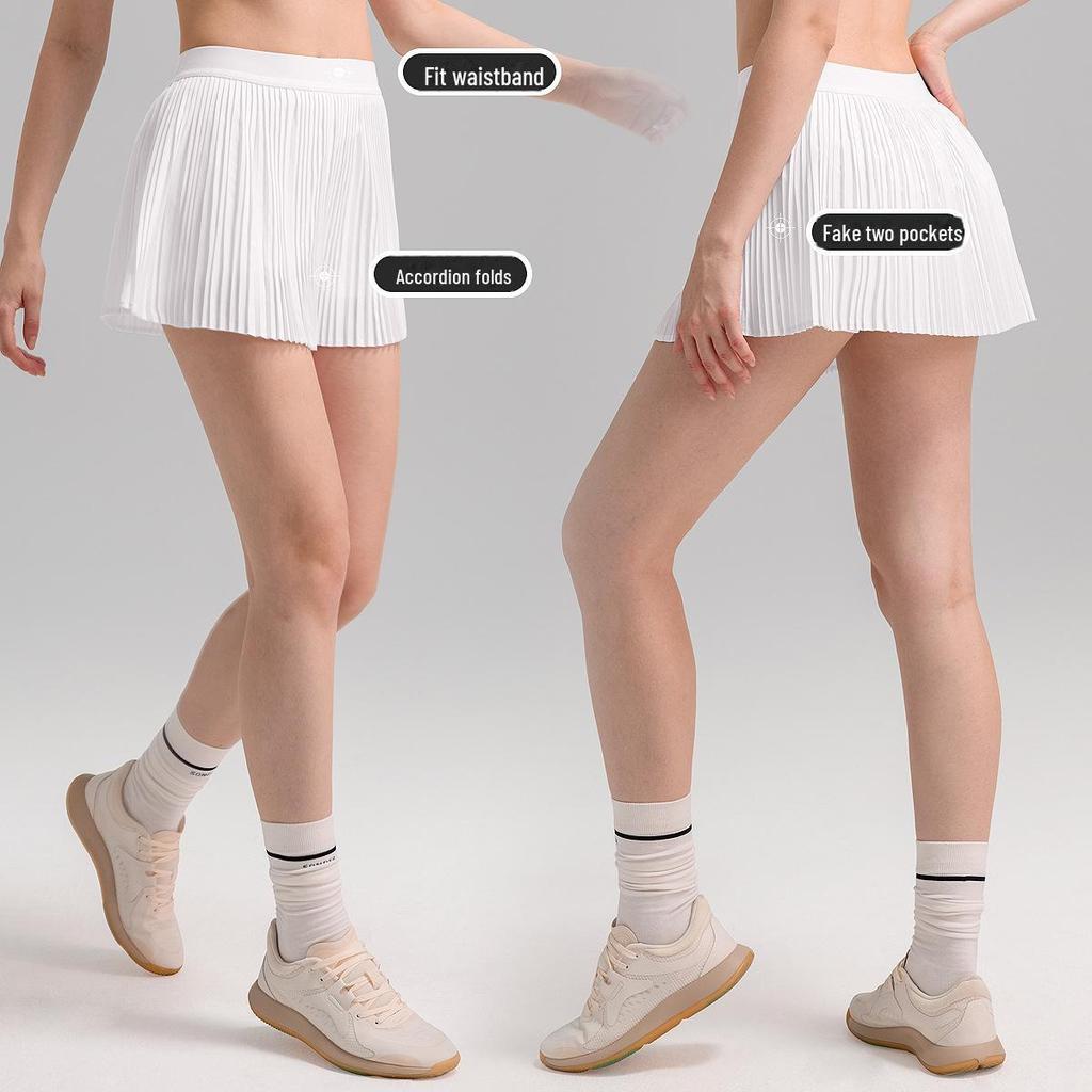 "Breezy, hip-covering athletic skirt: slimming, pleated design for outdoor fitness, tennis, and yoga."