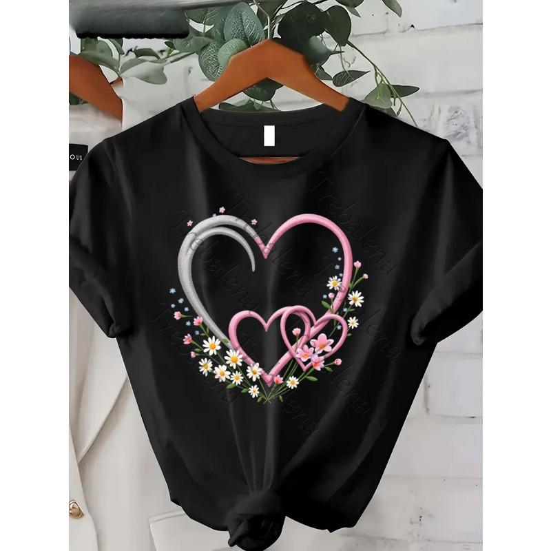 Plus Size - Plus Size - Trebalena Women S Plus Size Floral Heart Print T-Shirt, Comfortable Casual Daily Wear Top for Women S чёрный